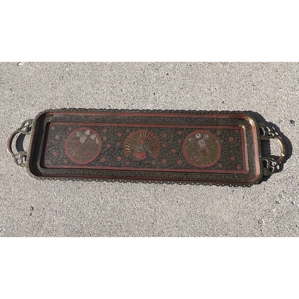 Brass Metal Etched Peacock Parrot Bird Design Tray 28x8”